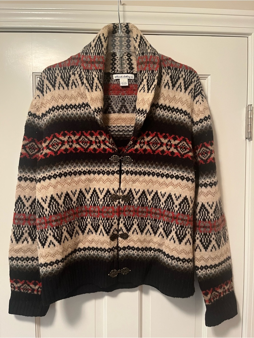Women’s Shawl Collar Wool Fair Isle Cardigan Sweater - Red, Black, Cream Large